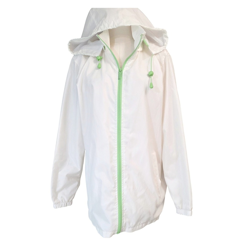 Totes Womens Windbreaker Jacket White Mint Green Zip Up Hooded Mesh Lined Size M